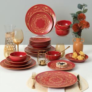 Комплект за хранене Keramika - 24 части, каменна керамика, Жълт/Червен, корична снимка