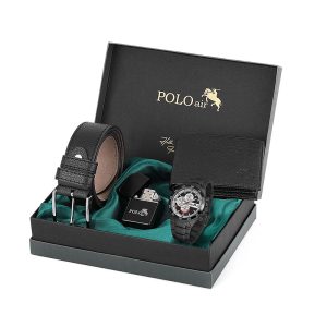 Мъжки подаръчен комплект Polo Air - колан, часовник, портфейл и запалка Zippo, черен - корична снимка