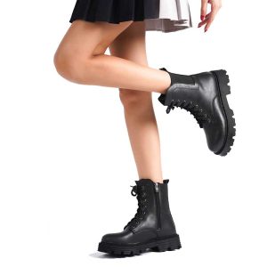 Дамски боти с връзки Trendella - веган кожа, черни, 4 см ток, страничен изглед