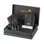 Мъжки комплект POLO Air – Кариран портфейл, Колан и Картодържател, Черен